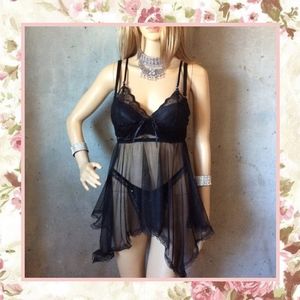 🌸 3PC BABYDOLL DRESS BRA THONG PANTIE SET SHEER BLACK HUSTLER LEG AVENUE